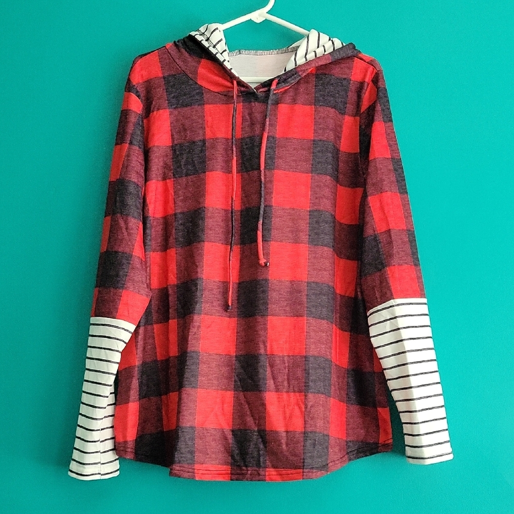 Red and Black Plaid Hoodie with Striped Sleeves